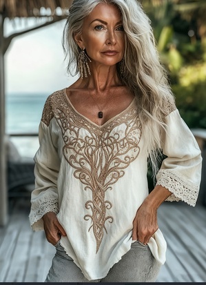 Ethnic-style Embroidered Fringe V-neck Cotton-linen Resort Top