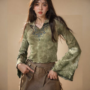 V Neck Retro Style Printed Long Sleeve Midriff Baring Top