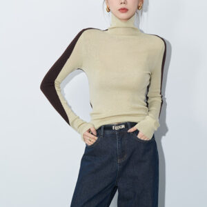 Contrast-color Ultra-fine Merino Wool Designer Patchwork Base Knit Top For Women