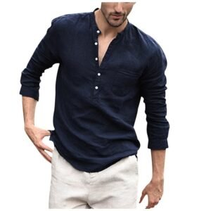 Plaid Collar Tops Turn Down Men Shirts Clothing - Navy Blue, L